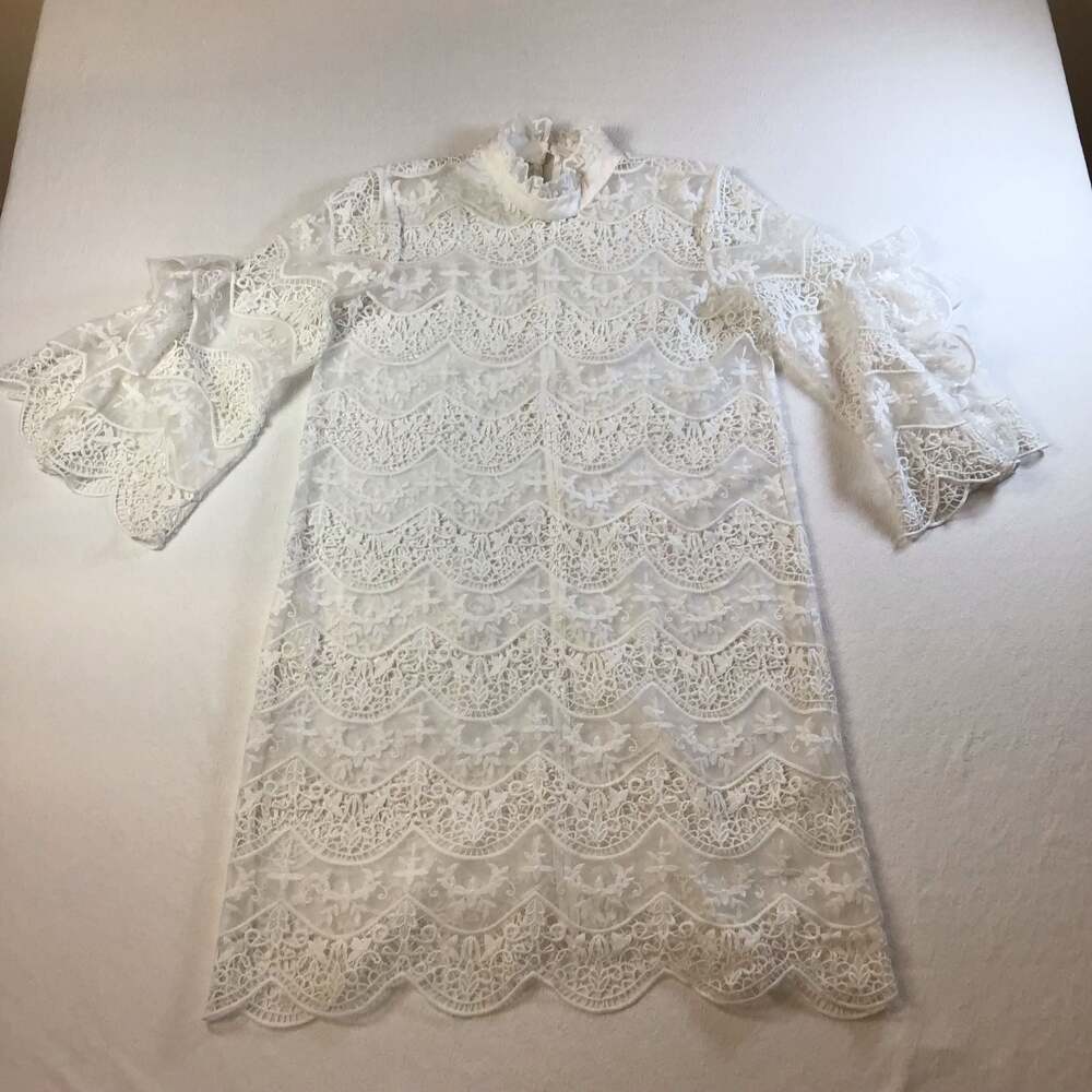 Y.A.S White Embroidered Lace Bell Sleeve Dress Small Coquette chic - Picture 7 of 8